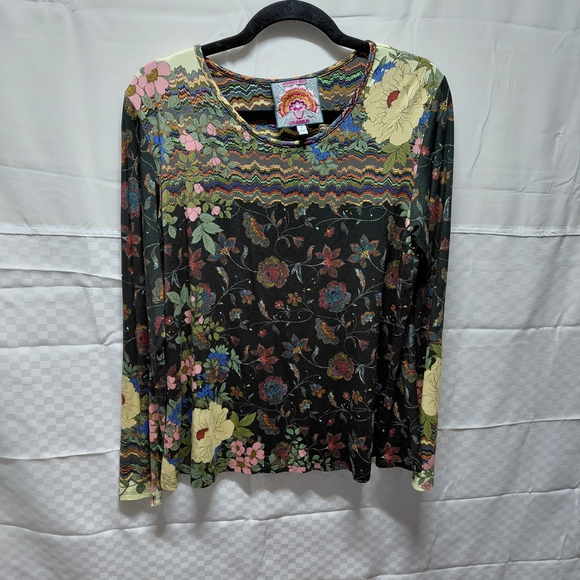 Johnny Was Tops - Retro Floral Long Sleeve Top - Black/Multi
